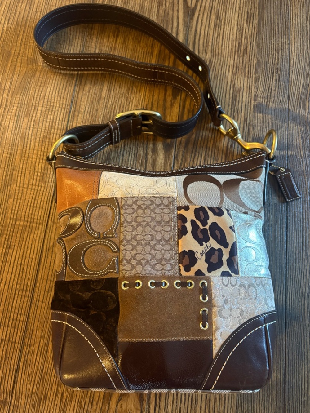 Coach Patchwork Leather and Signature Fabric Crossbody in Brown and Tan